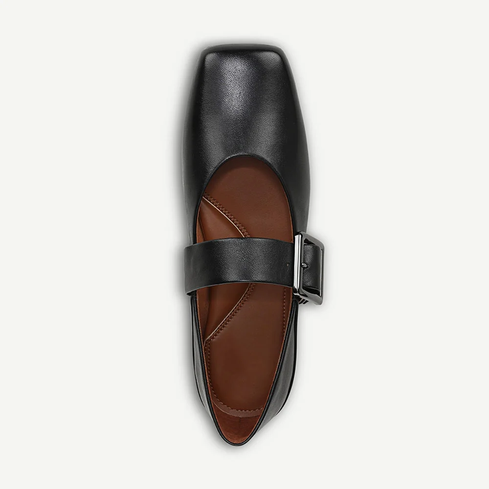 Classic Black Closed Square Toe Flat Mary Jane Shoes with Buckle