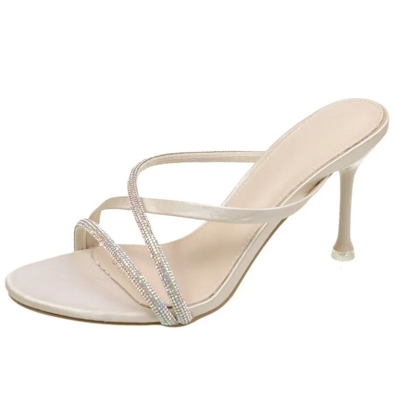 Breakj Breakj Sandals Water Drill Women's Fine And Exposed Toe 2025 Summer New One-Word With Half-Slippers Wearing Net Red Tide