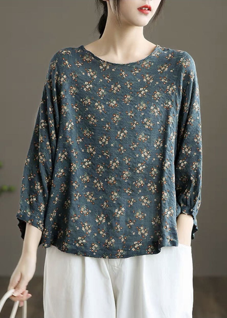 Fitted Peacock blue O-Neck Print Shirt Top Long Sleeve CK1770- Fabulory