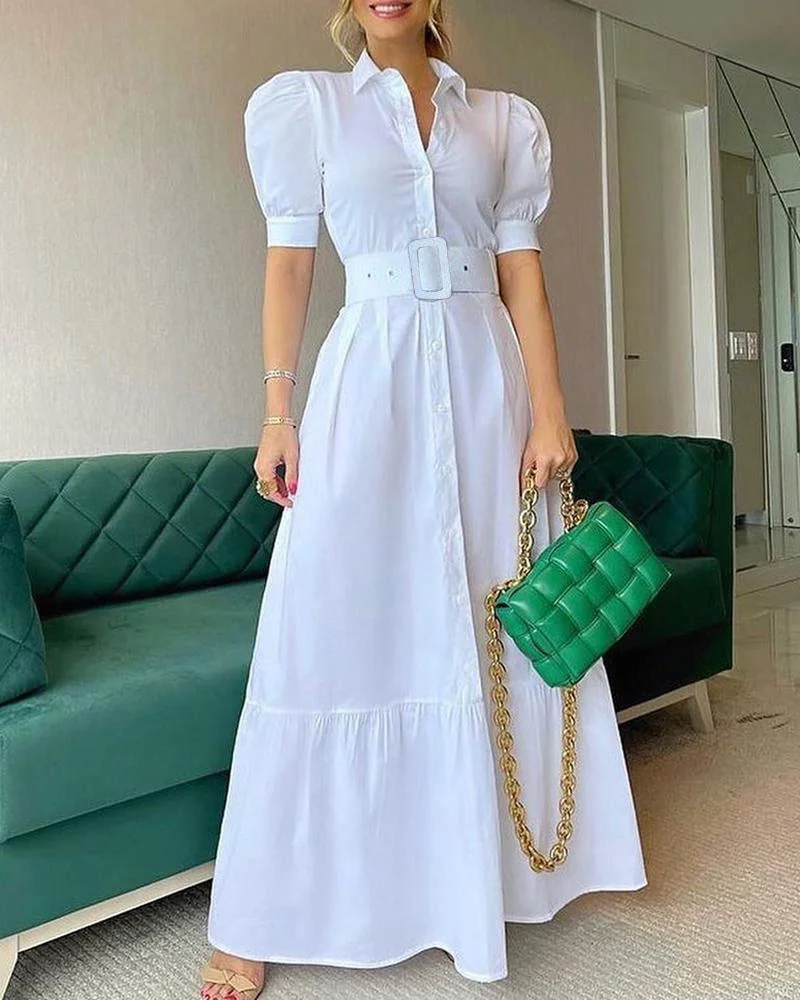 High Waist Temperament Solid Color Belt Dress