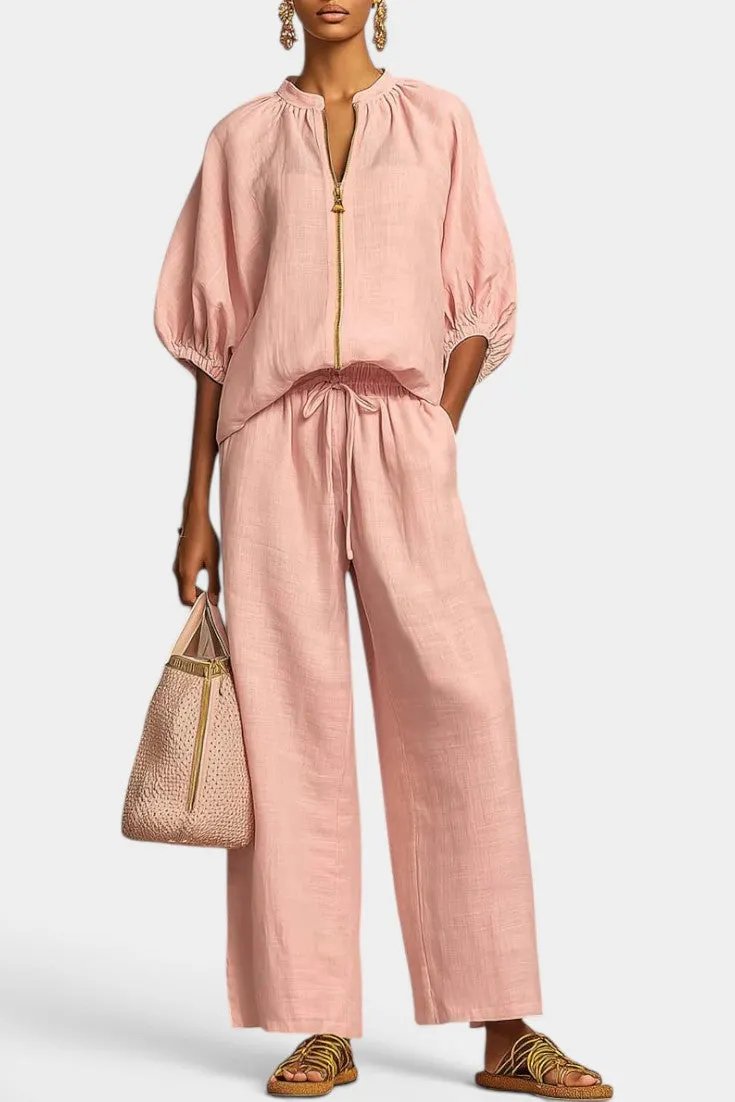 Linen Two-Piece Set with Gathered Neck and Wide-Leg Pants