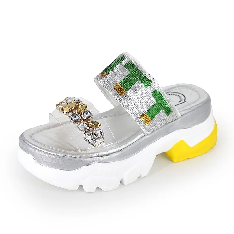 Lucyever New Summer Sandals Fashion Crystal Flat Heels Shoes Slingback Ladies Platform Shoes Woman Rhinestoe Beach Slides 2020