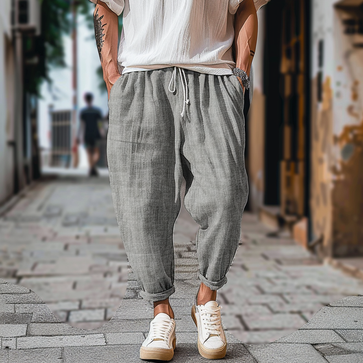 Mens Beach Loose Drawstring Linen Casual Pants