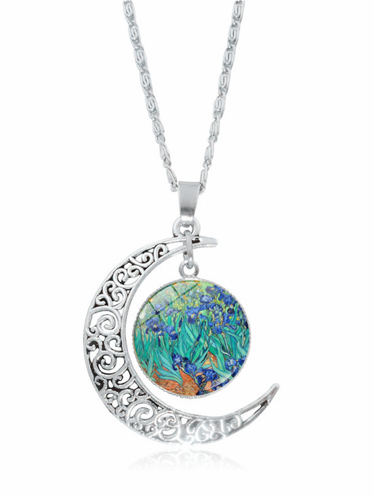 Comstylish Oil Painting Moon Carving Necklace