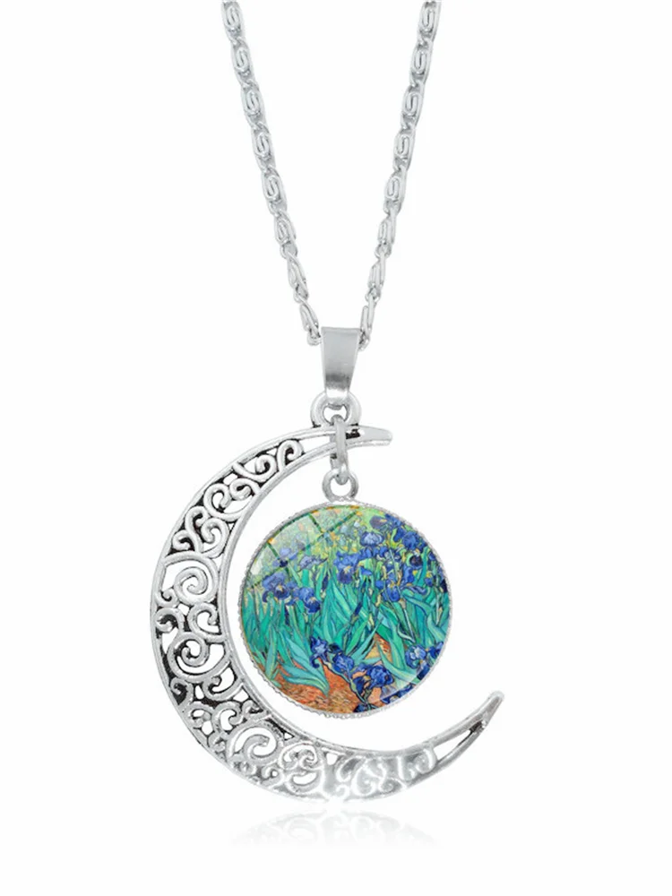Oil Painting Moon Carving Necklace