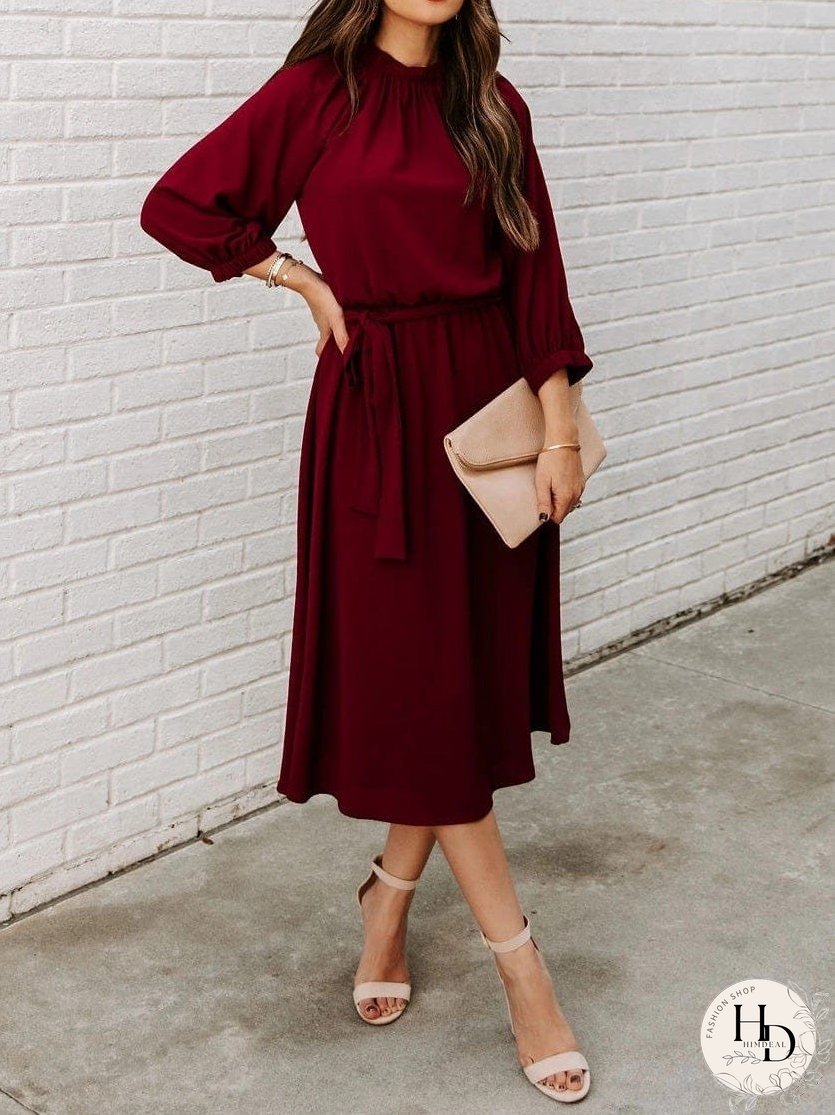 Round Neck Belted Long Sleeve Dress