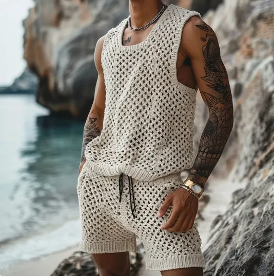 Men's Leisure Turn-down Collar Fitted Stripe knitting Tank Tops And Shorts Sets