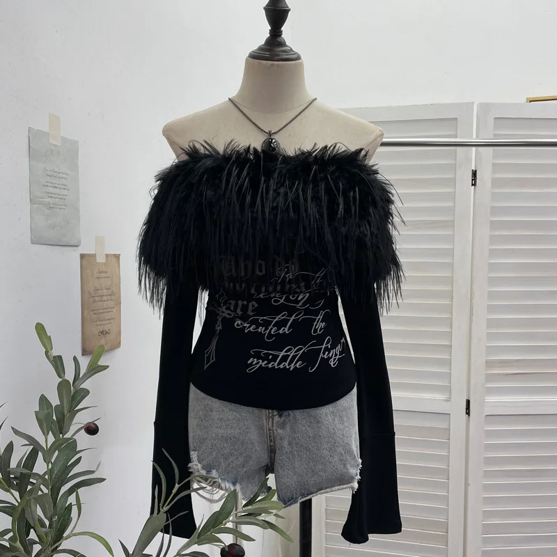 Nigikala Nigikala Shot Hair Collar Print Shoulder Horn Long-Sleeved T-Shirt Repair Short Picties Shoulder Grinding Top 1368