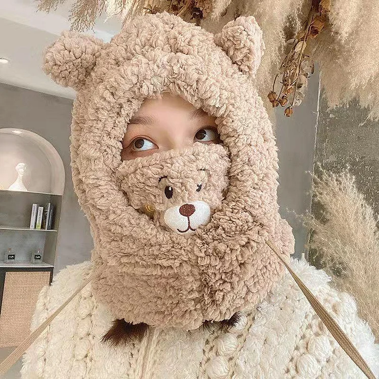 Warm Cute Bear Mask Hat Scarf Set - yankia