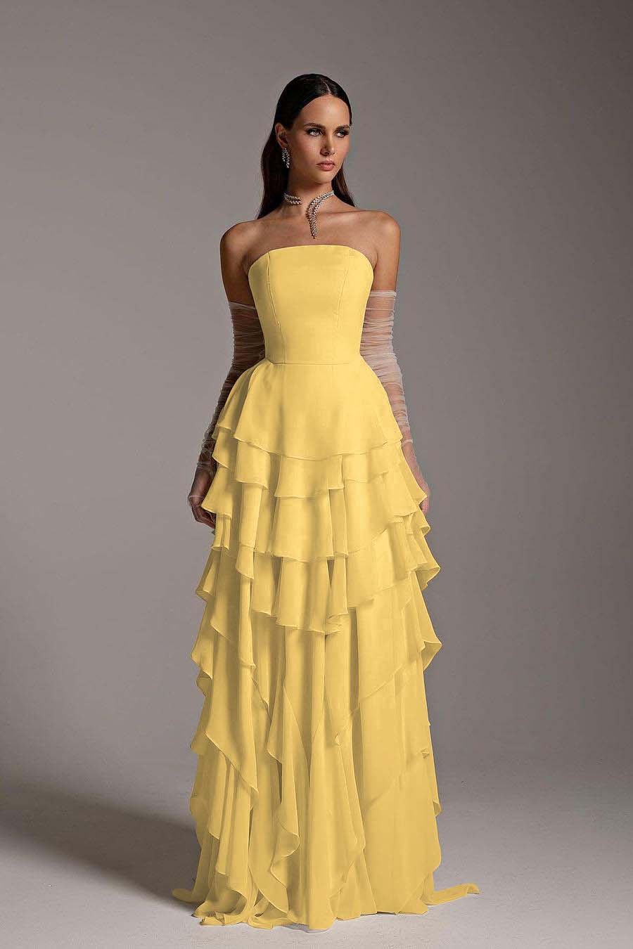 Hidais Charming Strapless Sleeveless Ruffles Long Prom Dress With Gloves