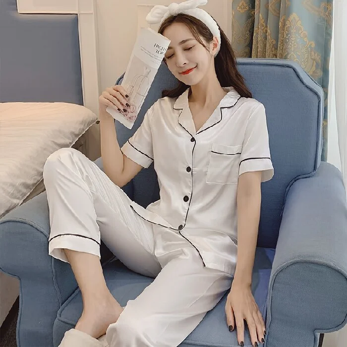 Women Satin Party Pajamas Comfortable 4XL 5XL Short Sleeve Casual Homewear Spring Summer Pajama Sets Silk Sleepwear Set