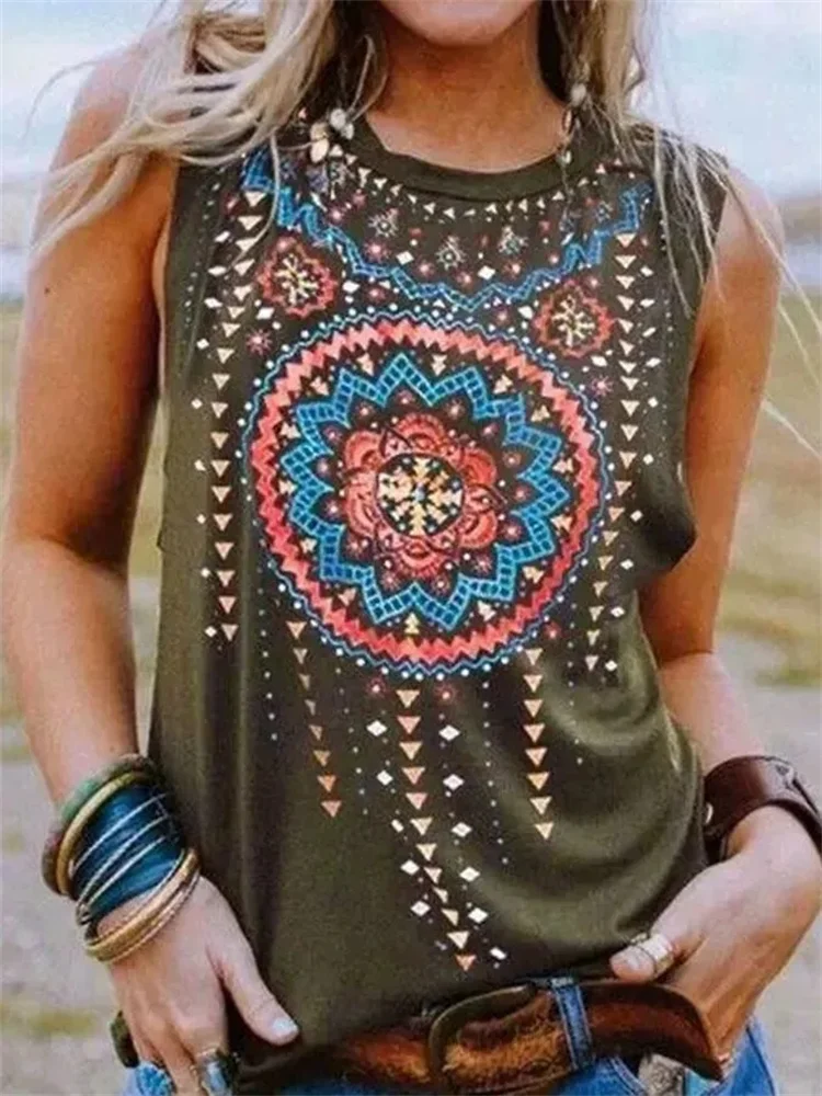 Western Ethnic Fringe Print Tank Top