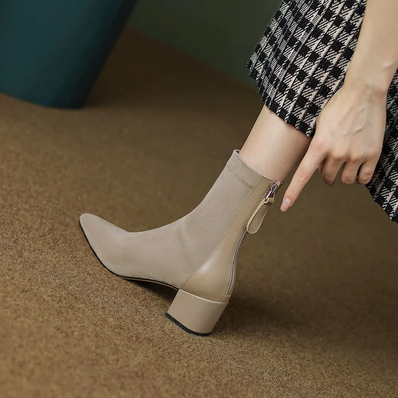 Breakj Breakj Short Boots Women's Autumn / Winter 2023 New Thick Heel Pointed Suede Stitching Boots Women's Middle Heel Soft Skin Thin Boots