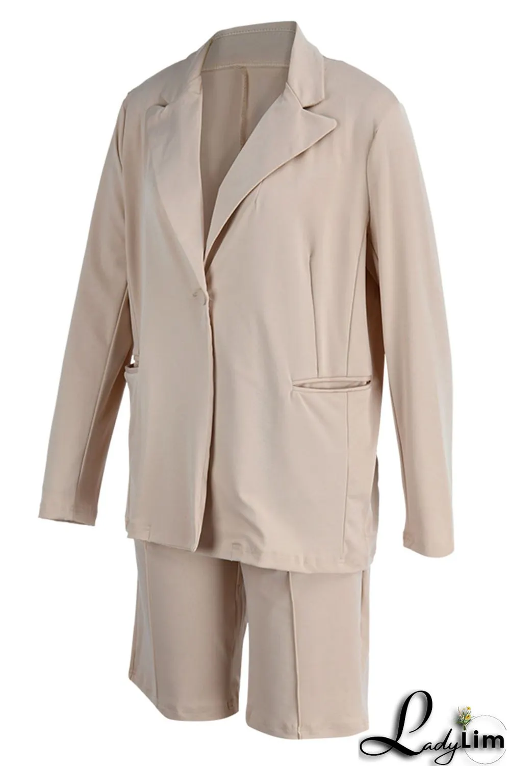 Coffee Casual Solid Patchwork Buttons Turn-back Collar Long Sleeve Two Pieces