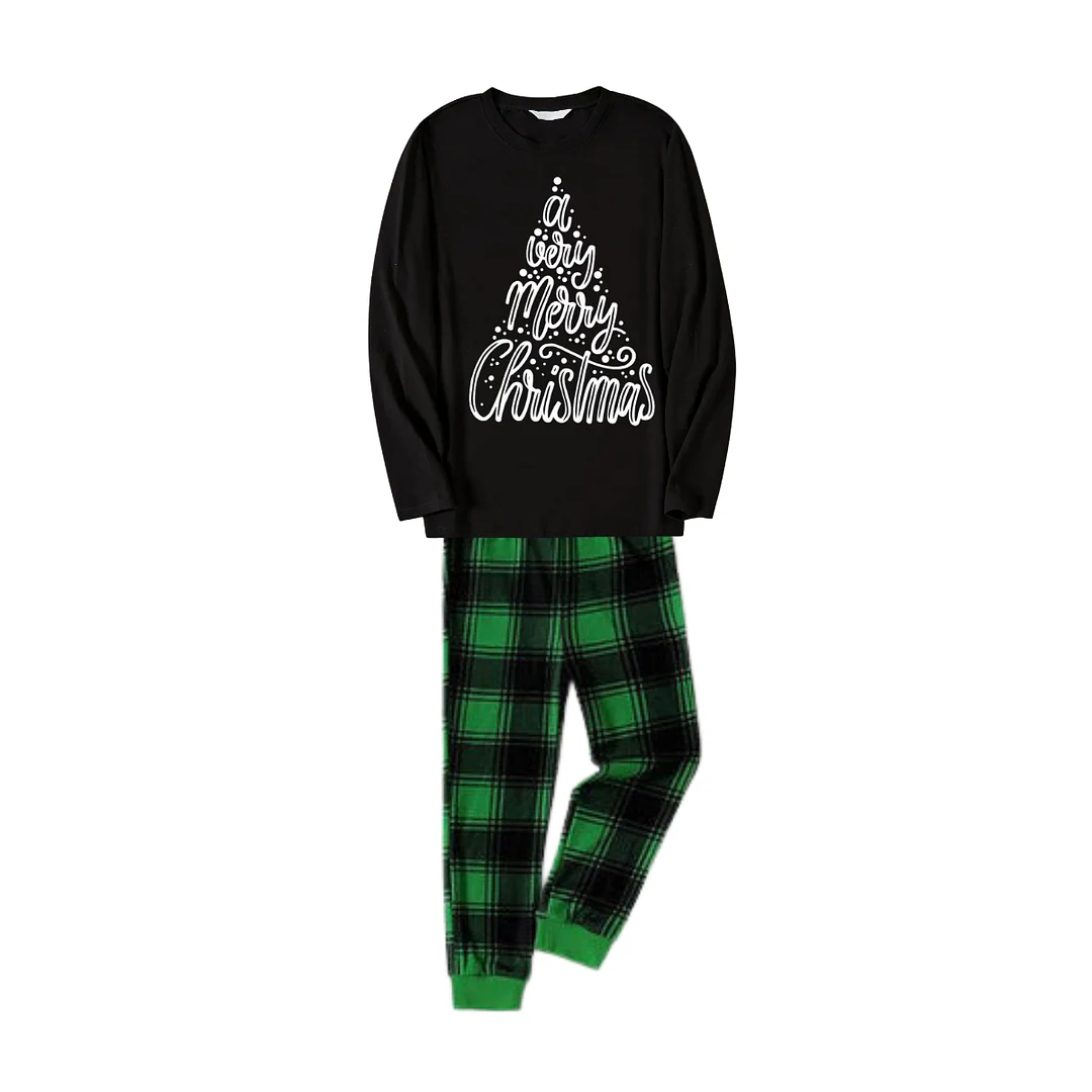 "A Very Merry Christmas" 2024 Black Long Sleeve Top with Black And Green Plaid Pants Family Matching Pajamas