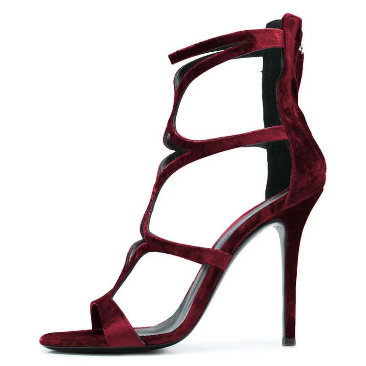Burgundy Strappy Stiletto Sandals with Velvet and Hollow-out Details Vdcoo