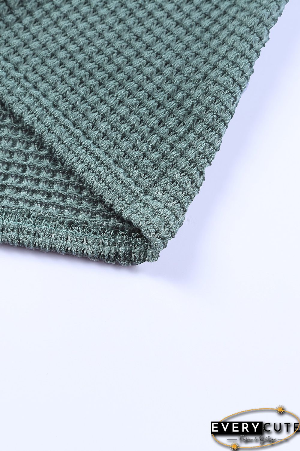 Green Waffle Knit Drop Shoulder Long Sleeve Top