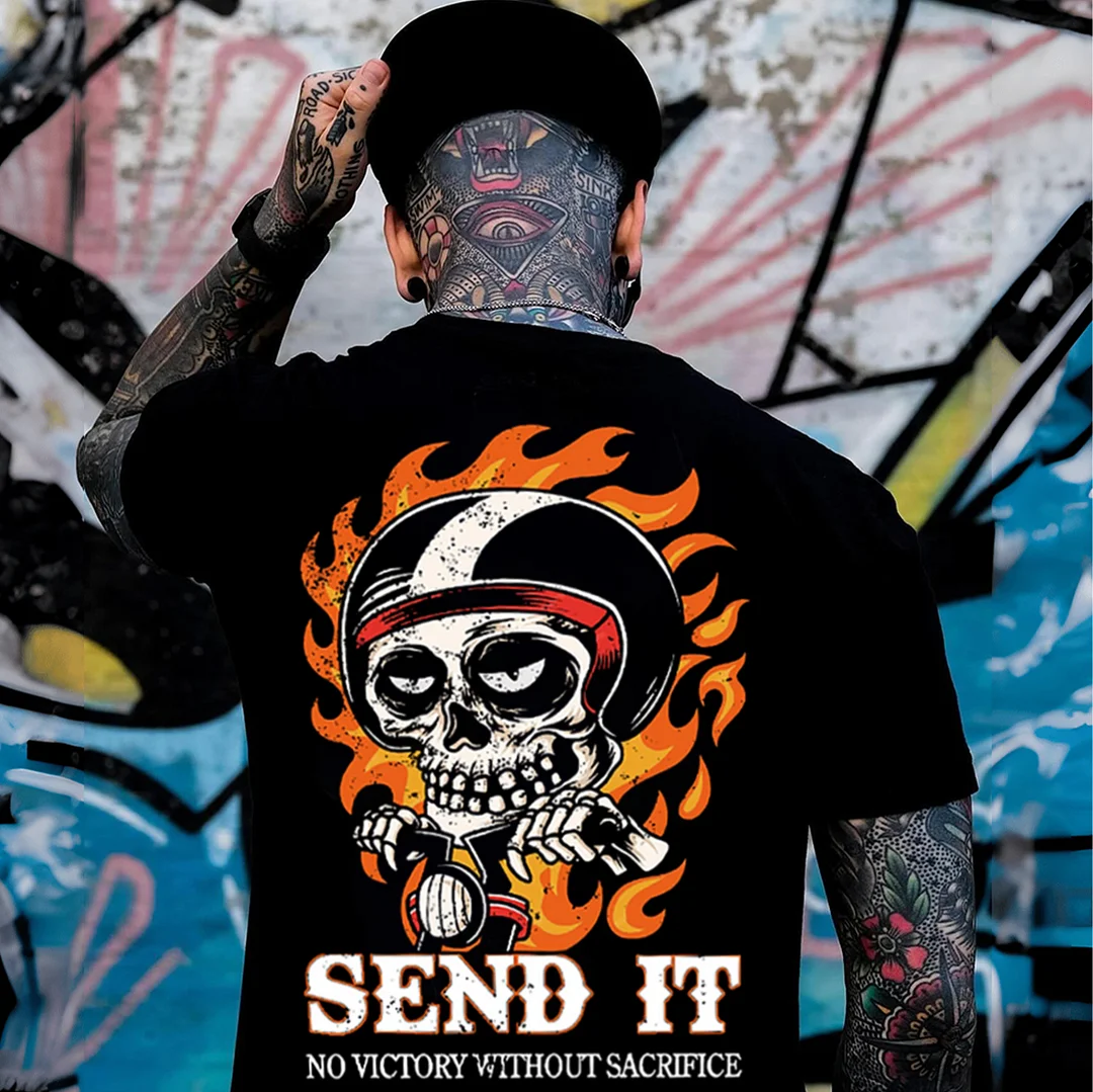 SEND IT Helmet Skeleton Print Men's T-shirt