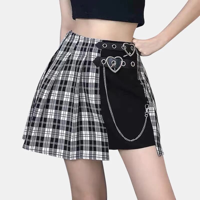 Double Buckle Pleated Plaid Mini Skirt