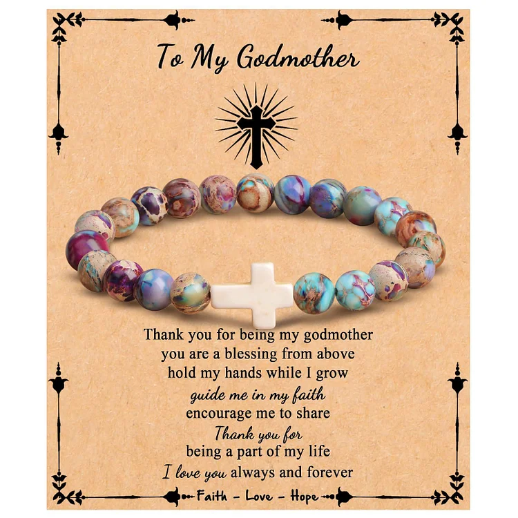 Olivenorma "To My Godmother" Natural Stone Beaded Cross Bracelet