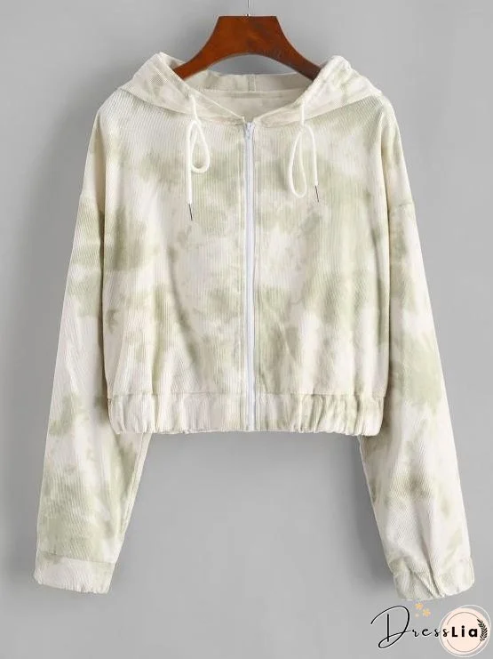 Tie Dye Zip Corduroy Hooded Jacket for Women