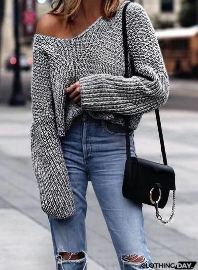 Solid Long Sleeve Cable Knit Sweater