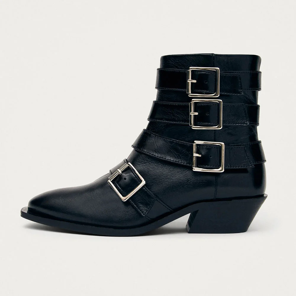 Women&lsquo;s Pointed Toe Slip On Black Heel Booties with Buckle Details