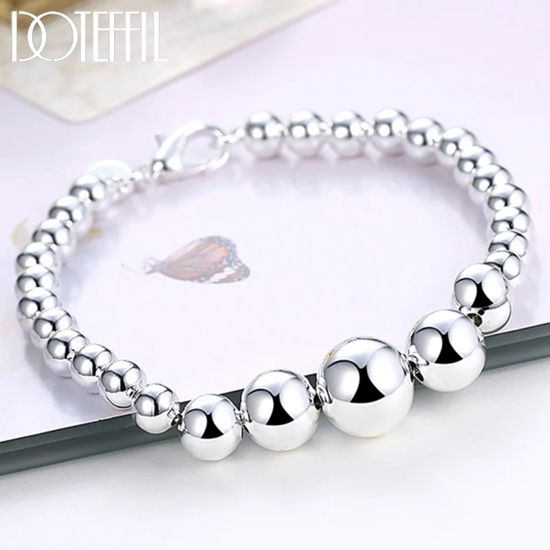 DOTEFFIL 925 Sterling Silver Vary Size Full Smooth Bead Bracelet 20cm For Women Jewelry