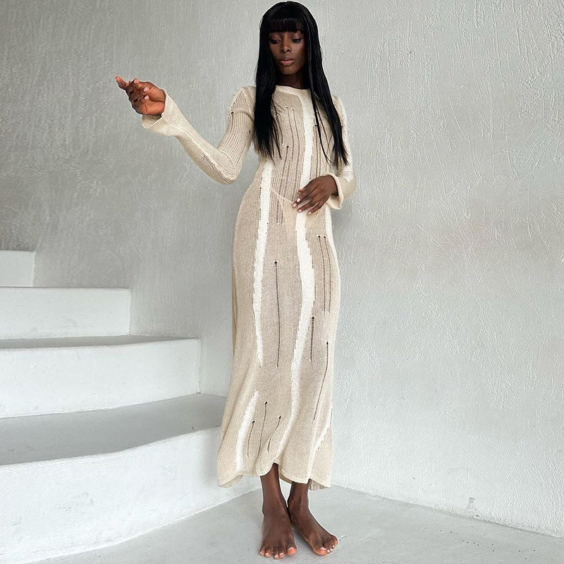 Ootddress Knitwear Hollow Out Solid Maxi Dress For Women See-Through High Waist Loose Knit Autumn Dress Fashion Elegant Party Dress