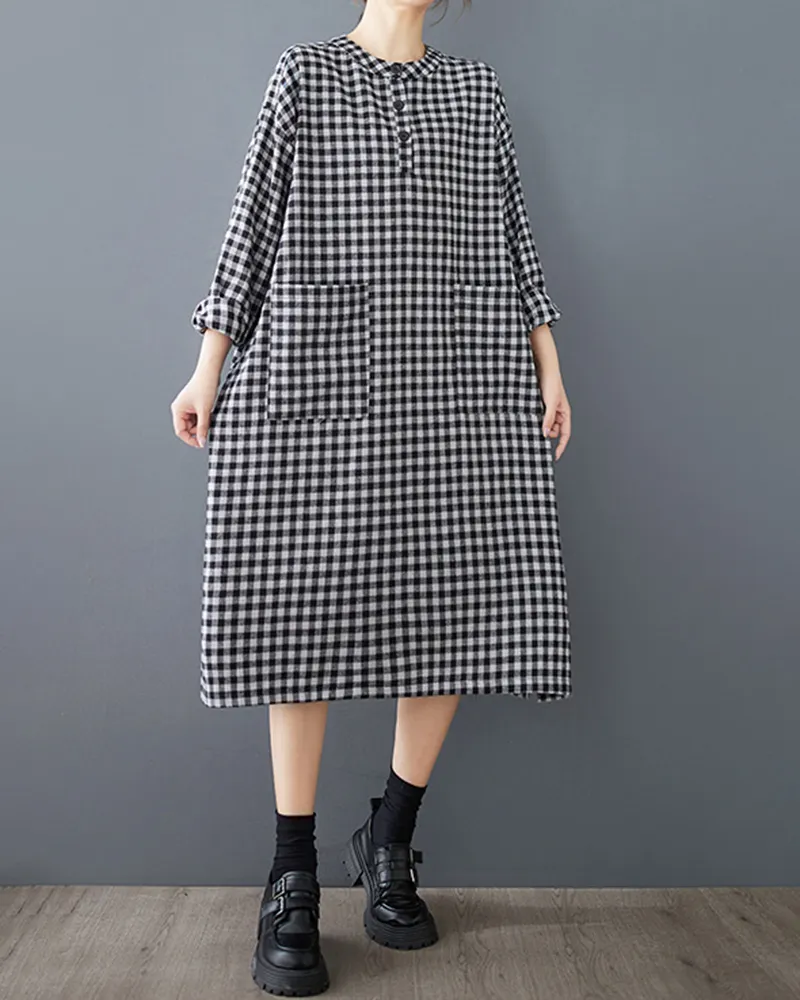 Checkered Pattern Front Pockets Round Neck Long Sleeve Midi Dress