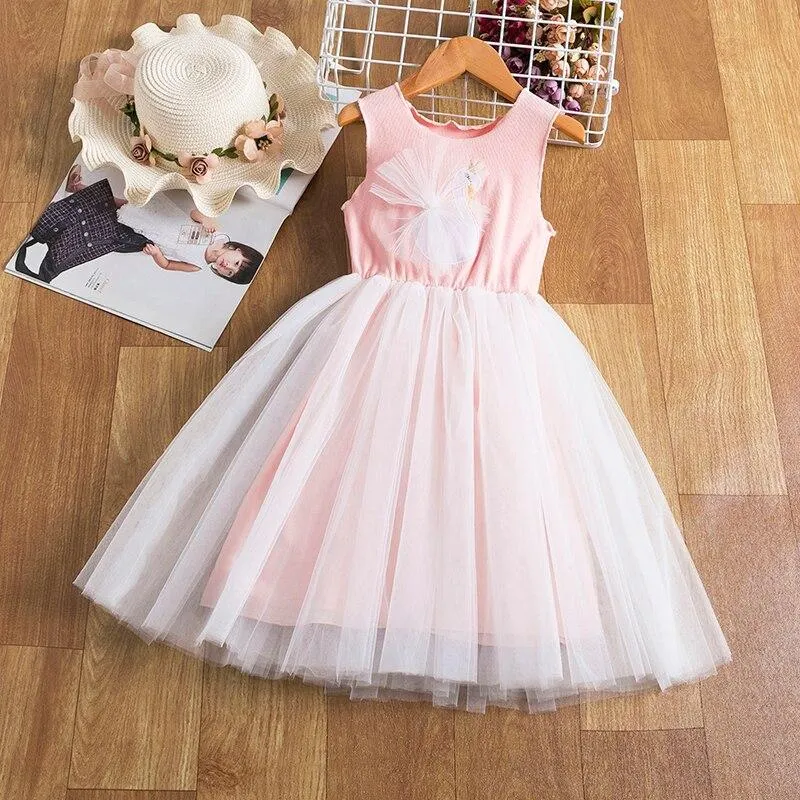 Girls Tulle Princess Dress For Kids Swan Embroidery Pattern Sleeveless Mesh Tutu Party Ball Gown Children Cute Cartoon Clothes