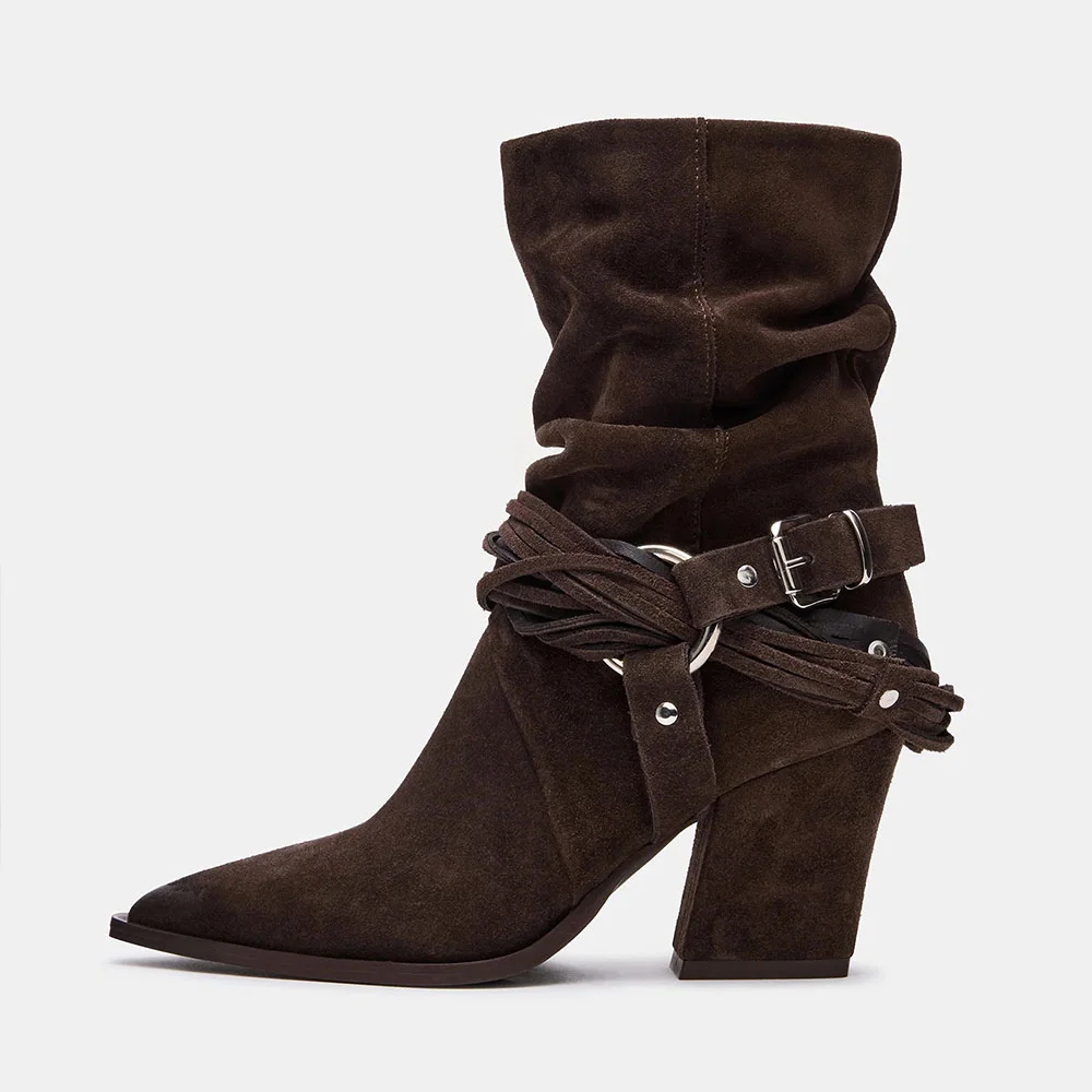 Women's Pointed Toe Chunky Heel Pull On Buckle Short Booties