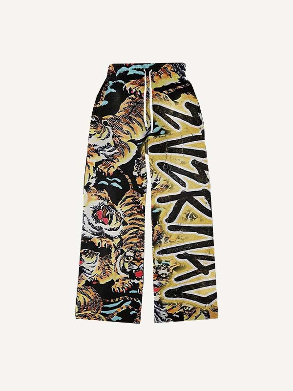 Tiger&Letter Faux Decal Print Elastic Waist Pants