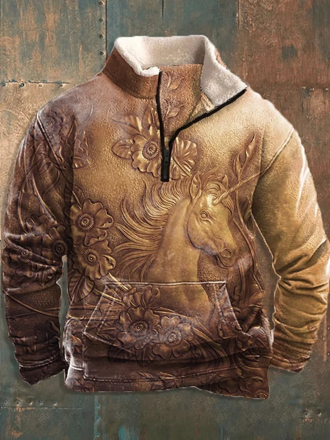 Men's Carving Laser Burn 3D Western Horse Print Zippered Wool Collar Sweatshirt