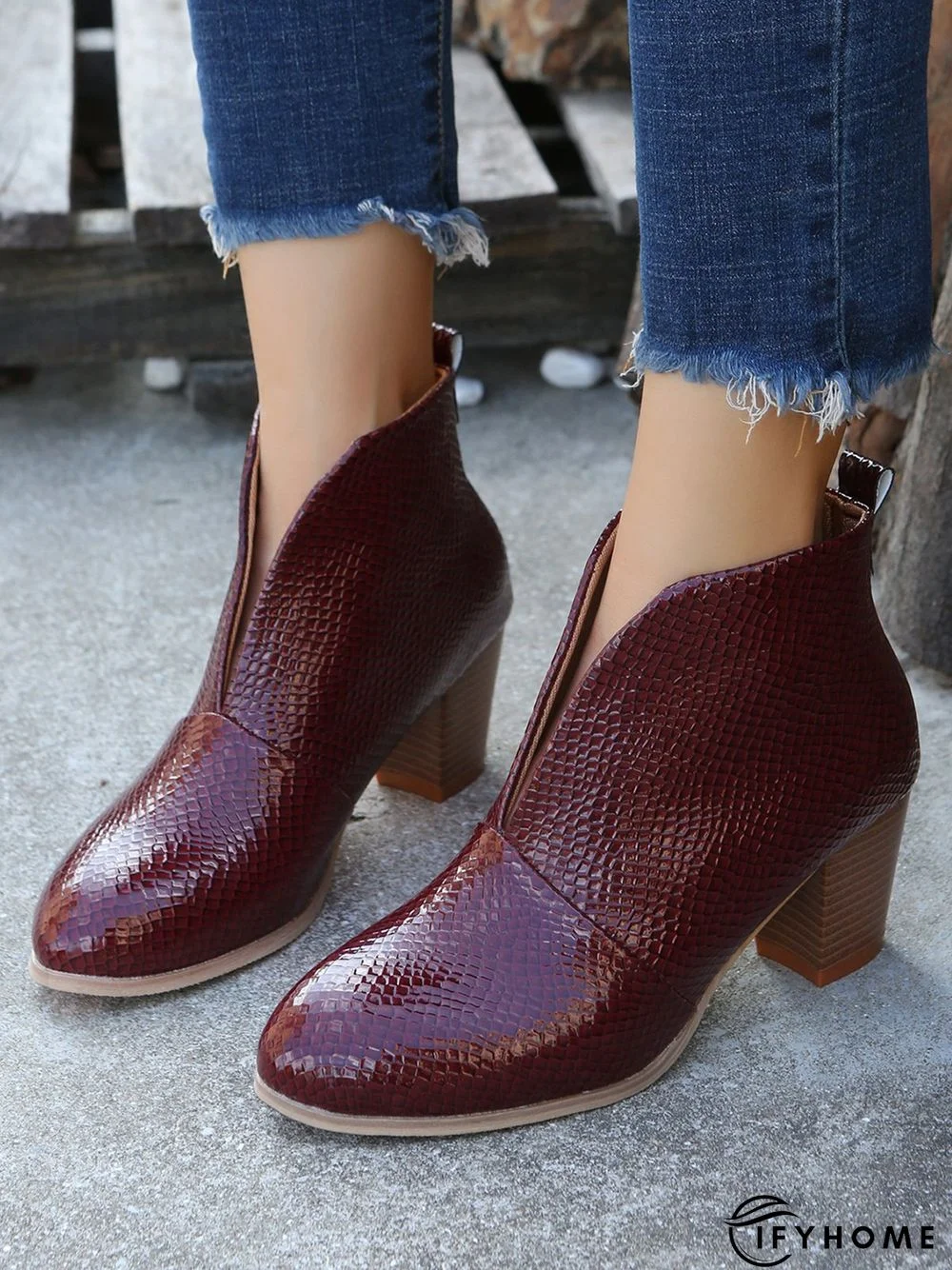 V Toe Cap Wine Red Thick Heel Ankle Boots | IFYHOME