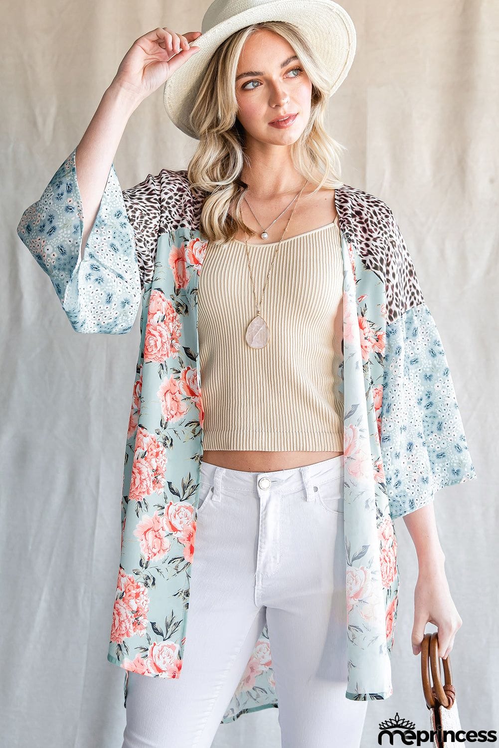 Animal Print Floral Three-Quarter Sleeve Cardigan