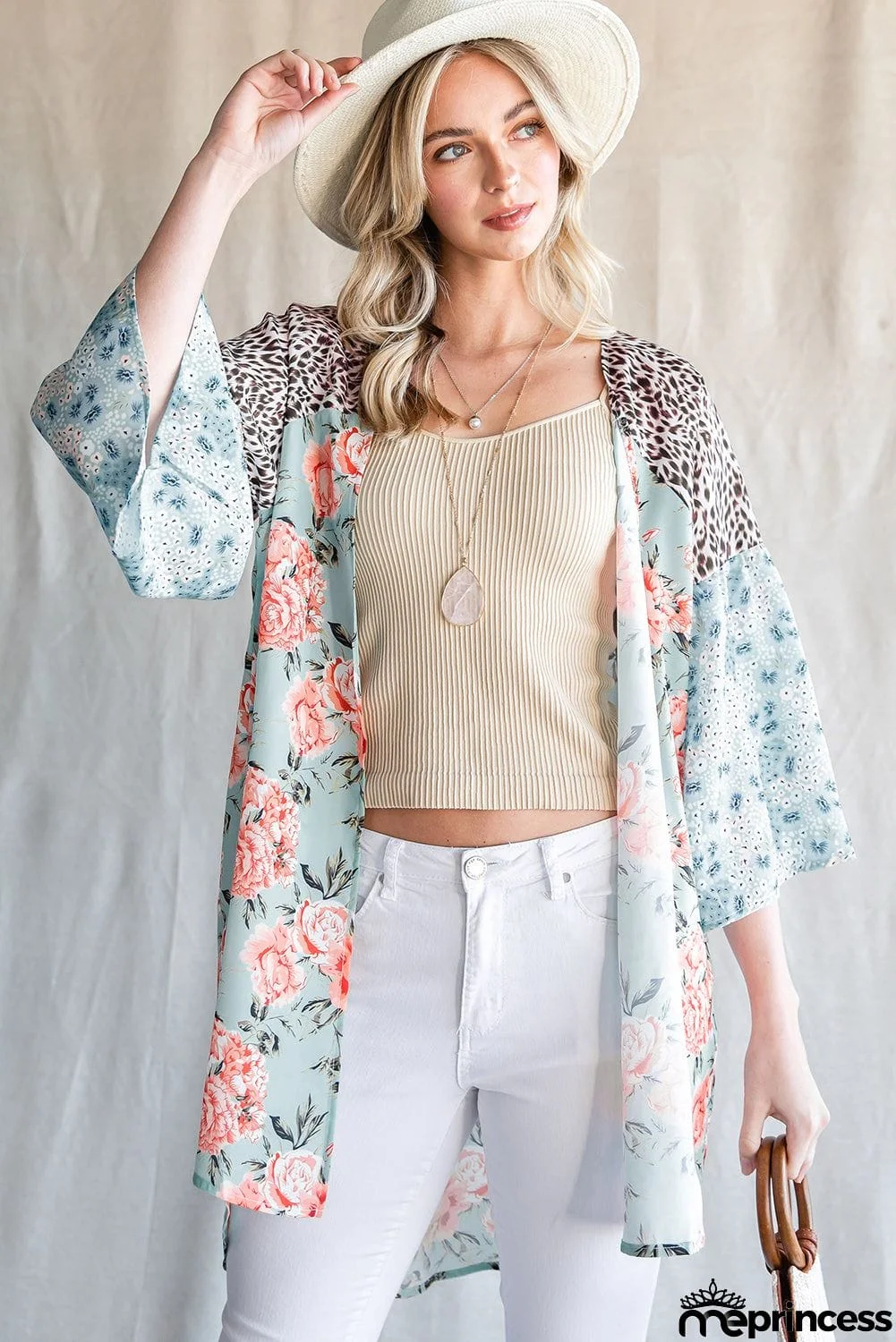 Animal Print Floral Three-Quarter Sleeve Cardigan
