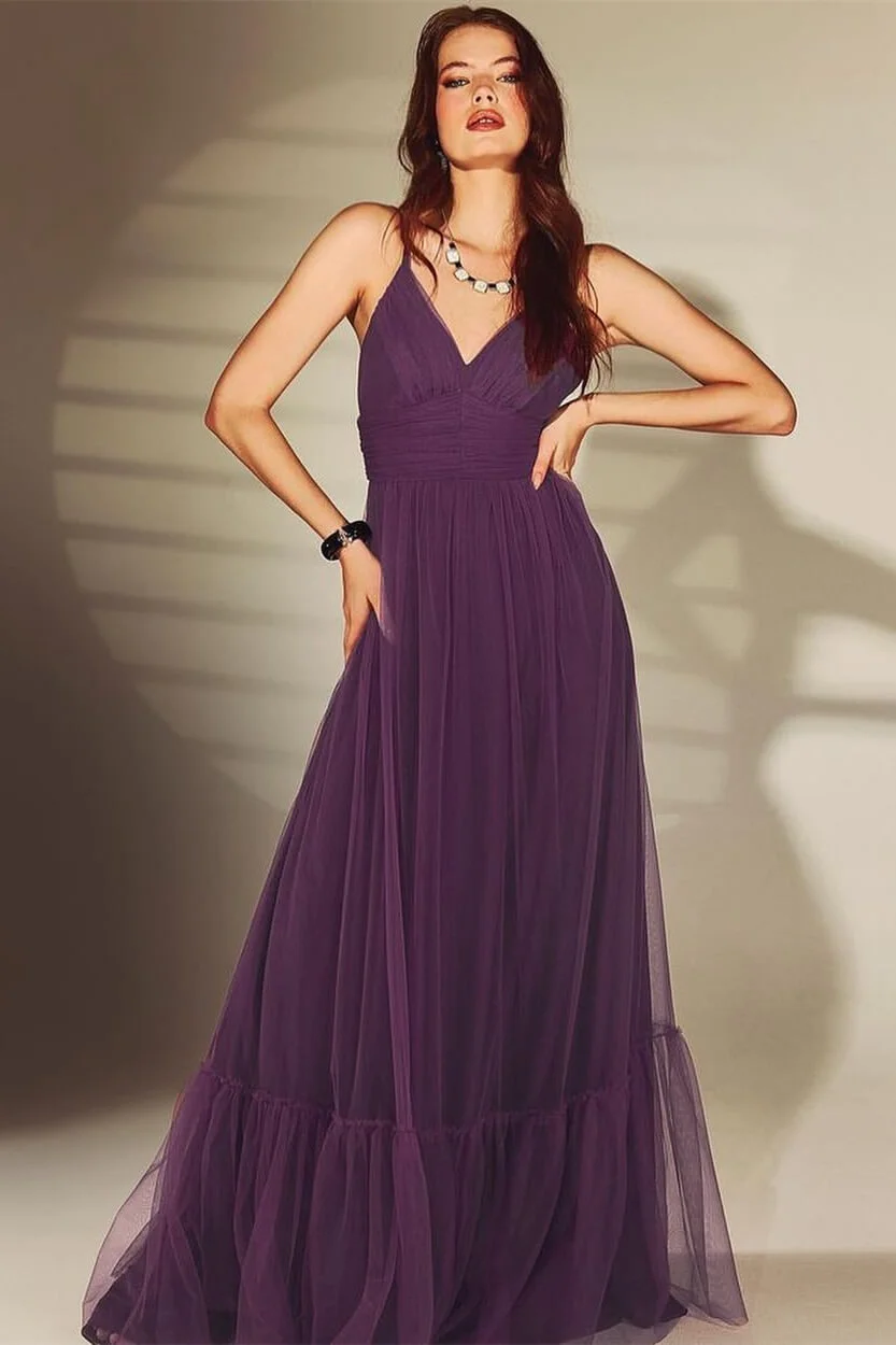 Dark Purple Shine V-Neck Spaghetti-Straps Evening Dress Online | Ballbellas Ballbellas