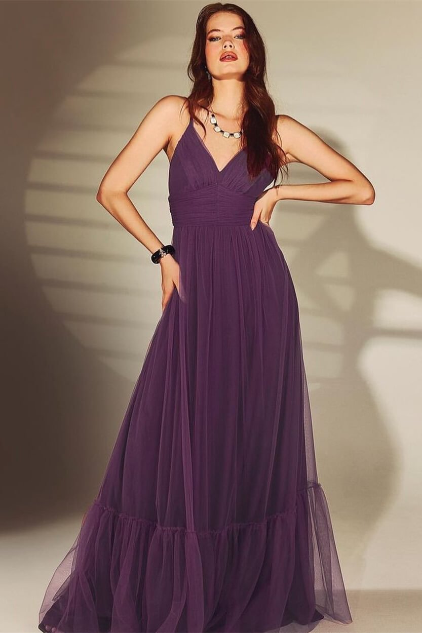 Daisda Shine V-Neck Spaghetti-Straps Evening Dress Online Dark Purple Daisda
