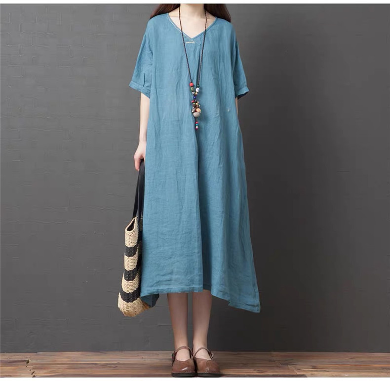 Women Loose Casual Dress Summer Solid Color Female Cotton Linen Long Dresses