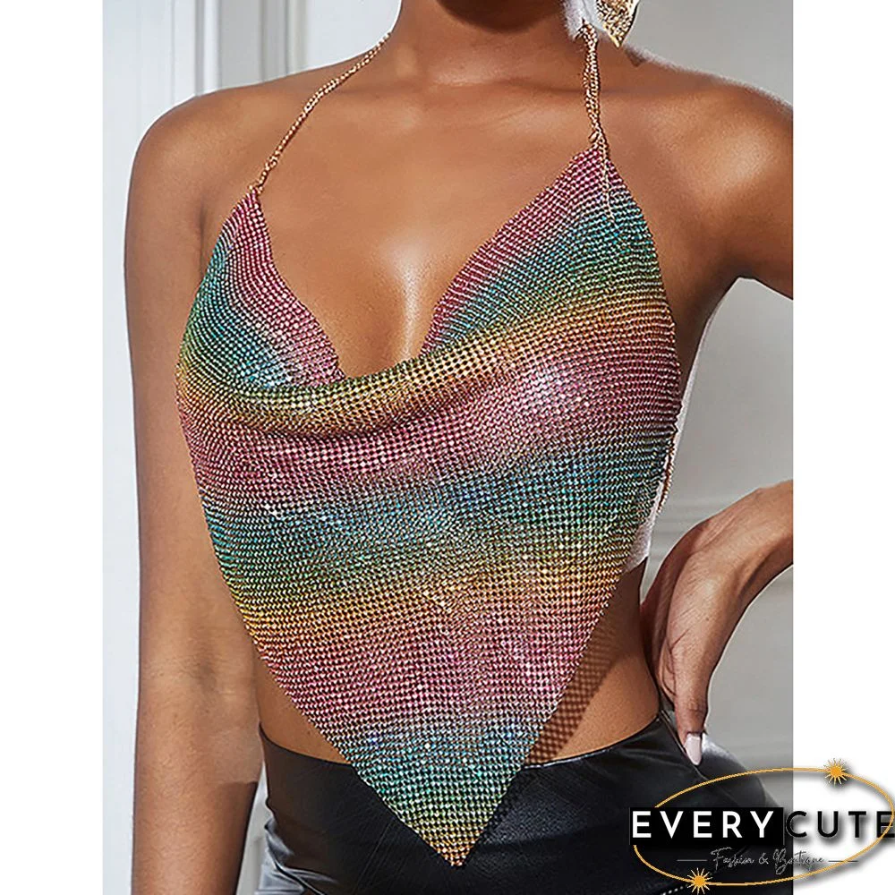Multicolor Sequined Metal Chains Halter Camisoles