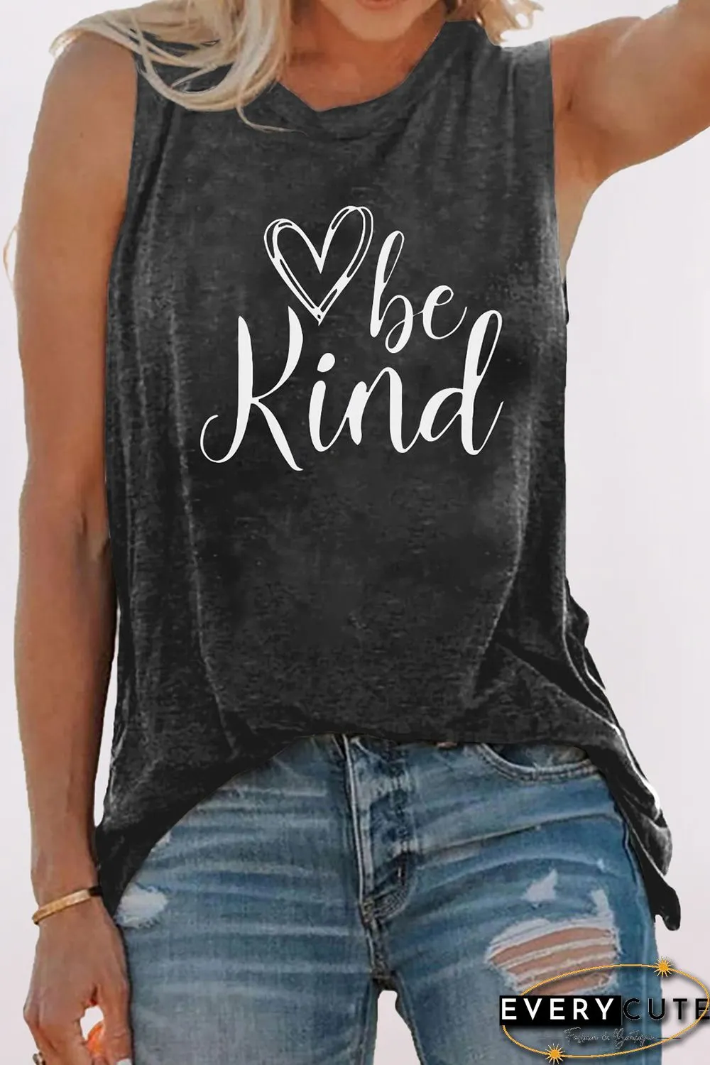 Gray Be Kind Print Washed Tank Top