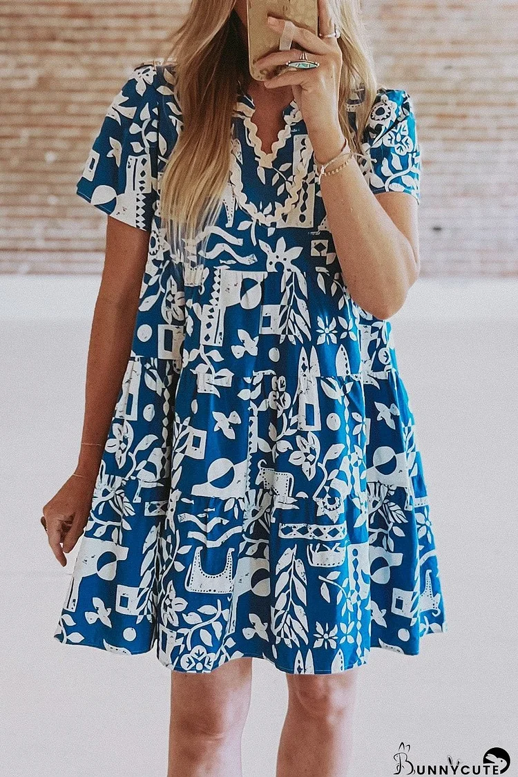 Blue Floral Ricrac Trim V-Neck Shift Dress