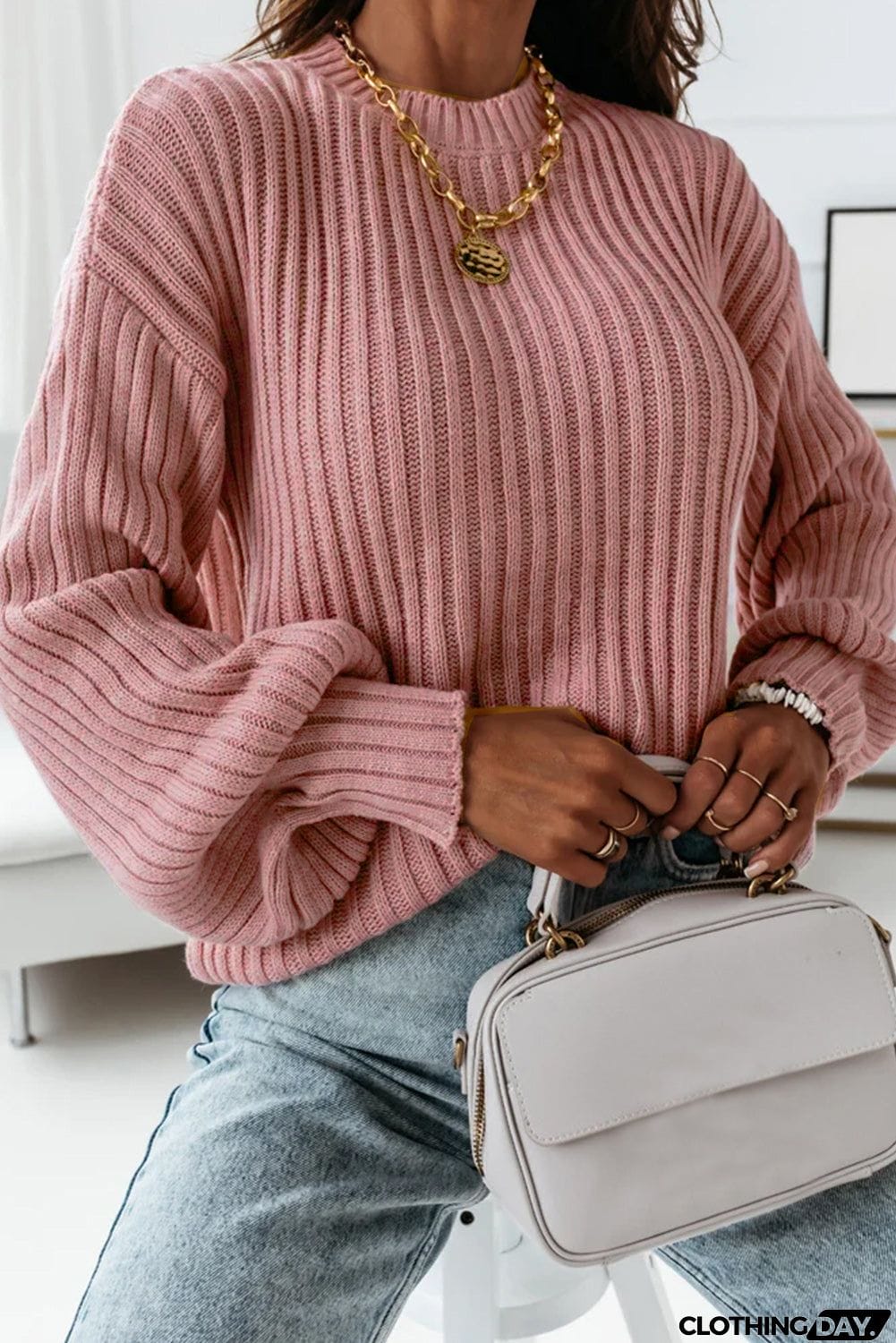 Solid Color Ribbed Loose Knit Sweater