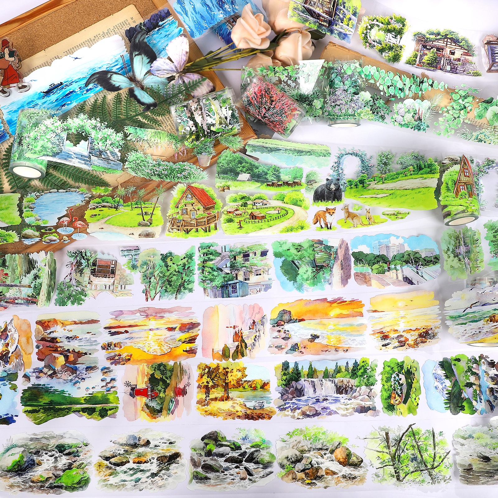 PET 테이프 - 빈티지 숲 식물 집 바다 일출 풍경