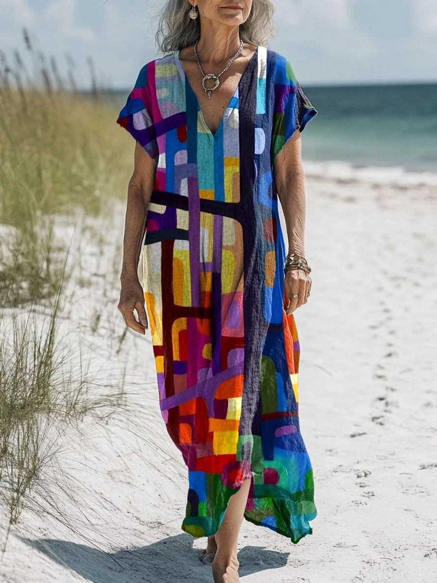 Abstract Oil Painting Woodland Art Printed Women's Pocket Cotton Dress
