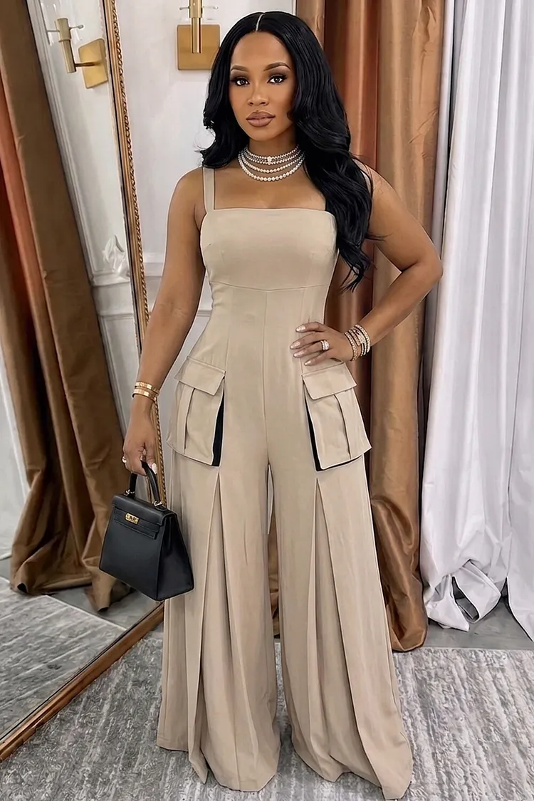 Loragal Wide Strap Pocket Decor Wide Leg Pants Casual Khaki Jumpsuit