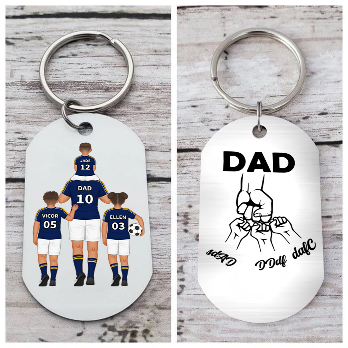 1-3 Names - Personalised Dad Football Team Fist Keychain Customized Name Gift with Gift Box for Dad/Grandad