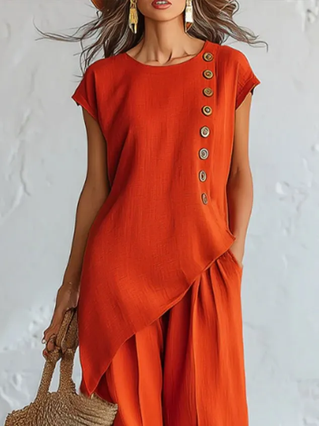 Cotton And Linen Casual Plain Buttoned Crew Neck  Blouse mysite idetrend