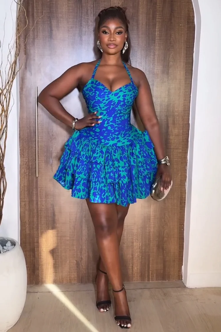 Halter V Neck Print Tiered Hem Cinched Party Mini Dresses-Blue [Pre Order]